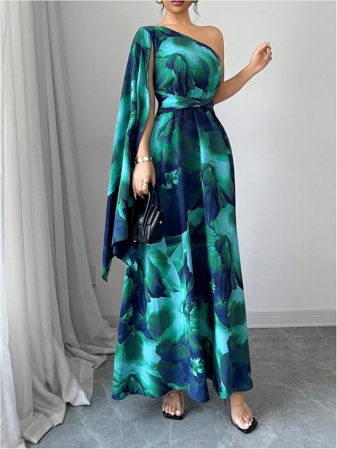 GORGLITTER Womens One Shoulder Evening Formal A Line Maxi Dress Floral Cocktail Long Bridesmaid Dress with Cape