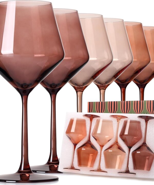 Hand Blown Brown Wine Glasses Set of 6,18 oz Crystal Amber Wine GlassesAutumn/Winter Collection Glassware Wedding,Birthday,Christmas gifts set for wine lovers