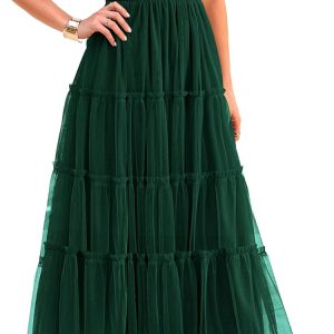 PRETTYGARDEN Women's Smocked Midi Tulle Dress 2025 Summer Puffy Short Sleeve Square Neck Ruffle Wedding Guest Party Dresses