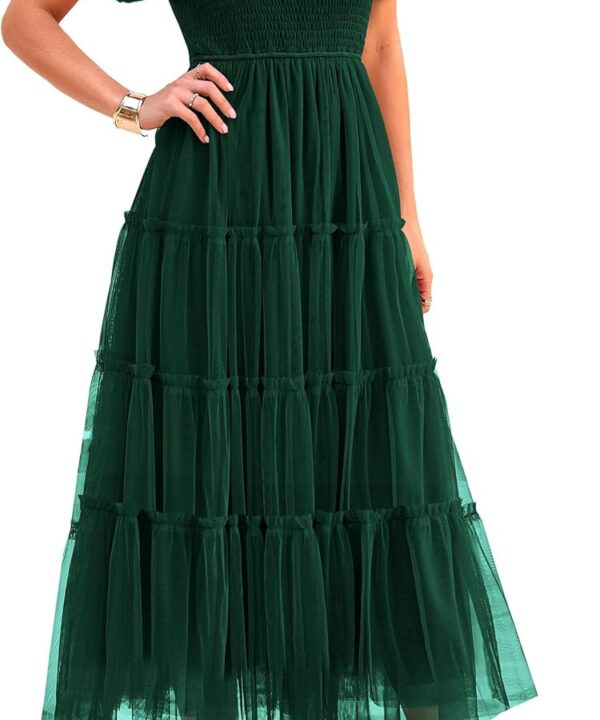 PRETTYGARDEN Women's Smocked Midi Tulle Dress 2025 Summer Puffy Short Sleeve Square Neck Ruffle Wedding Guest Party Dresses