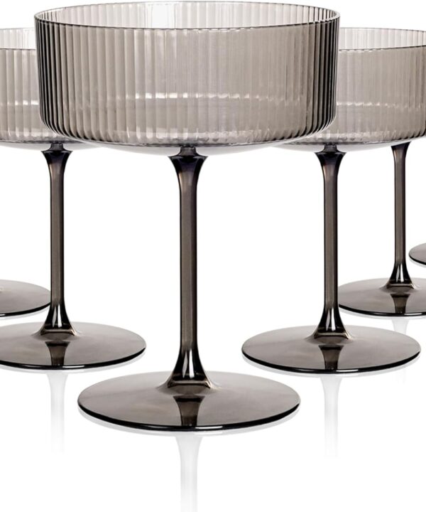 Ciaell 12PCS Plastic Ribbed Martini Glasses - 10 Oz Black Disposable Coupe Glasses with Stem - Heavy Duty Margarita Cups for Bars, Cocktails, Whiskey, Parties & Wedding & New Year