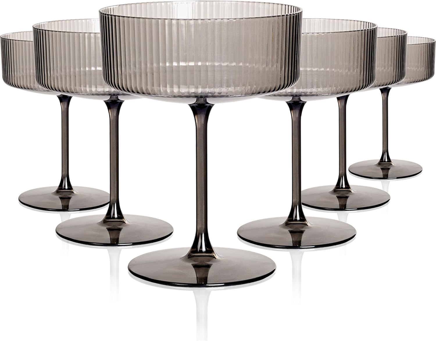 Ciaell 12PCS Plastic Ribbed Martini Glasses - 10 Oz Black Disposable Coupe Glasses with Stem - Heavy Duty Margarita Cups for Bars, Cocktails, Whiskey, Parties & Wedding & New Year