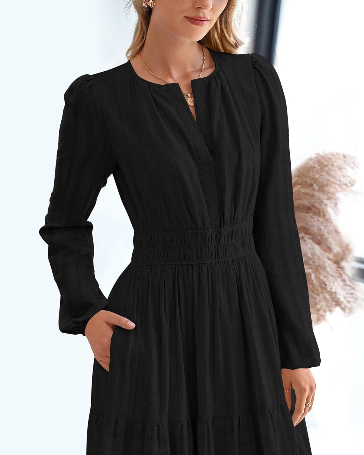 BTFBM Fall Dresses for Women 2025 Casual Long Sleeve V Neck Elastic Waist Lightweight Maxi Wedding Guest Dress Pockets