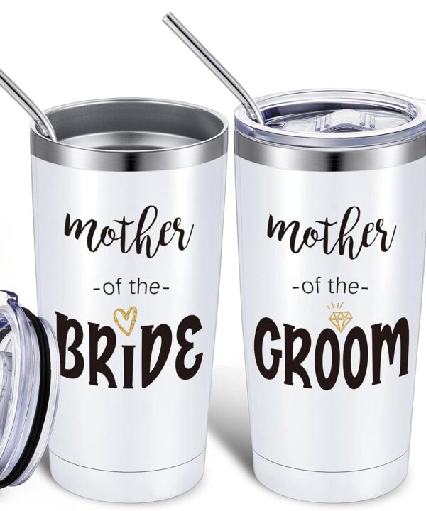 Cunhill 2 Pieces Mother of the Groom Mother of the Bride Mug Tumblers Wedding Gift for Engagement Announcement Party Insulated Tumbler Stainless Steel with Lid Straw Brush (White,Simple Style)