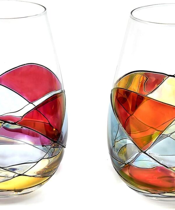 Stemless Wine Glasses – Hand‑Painted Set of 2 Unique Wine Gift for Wedding, Anniversary, Housewarming & Christmas • Sagrada Familia Style • Ideal for Women & Men