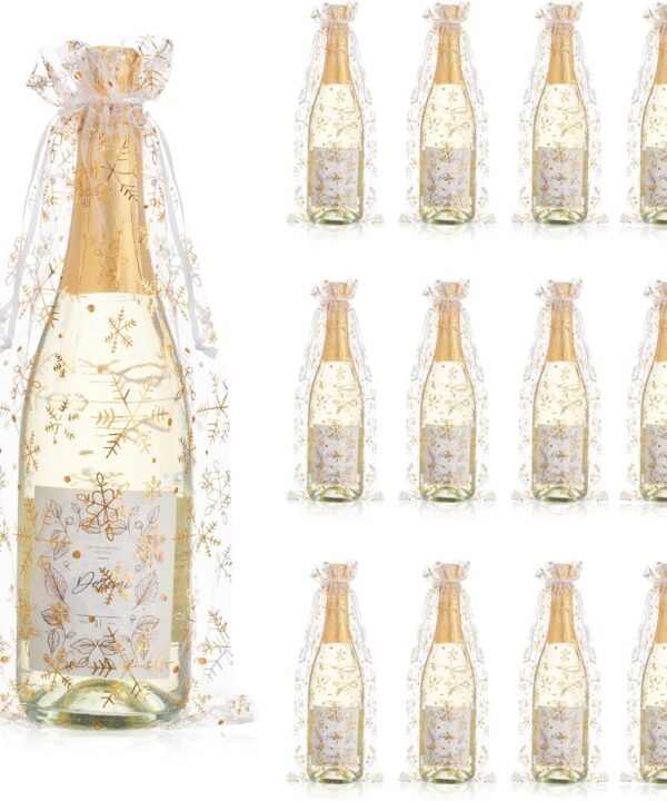 Wesnoy 60 Pcs Large Christmas Organza Wine Bottle Bags 14.4 x 6.3 Inch Gold Snowflake Sheer Mesh Wine Gift Pouches Bottle Covers with Drawstrings for Weddings, Birthdays, Housewarmings, and Holidays