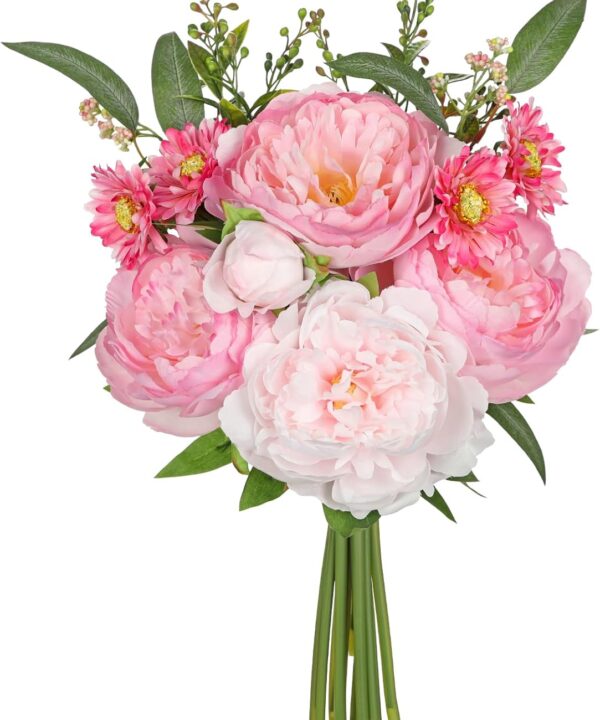 10PCS Hot Pink Flowers Artificial Peonies Silk Flowers with Stems Realistic Faux Peony and Daisies Fake Flowers for Vase Floral Centerpiece Arrangements Wedding DIY Bridal Bouquet Party Home Decor