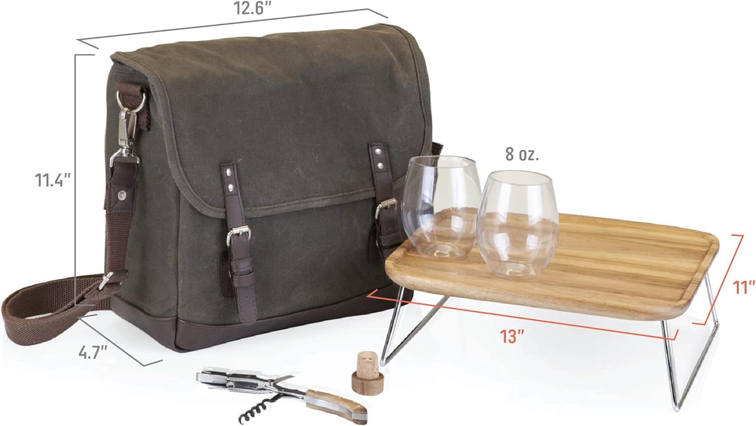 LEGACY – a Picnic Time Brand Adventure Wine Tote Bag with Wine Glasses and Mini Table, Khaki Green/Brown