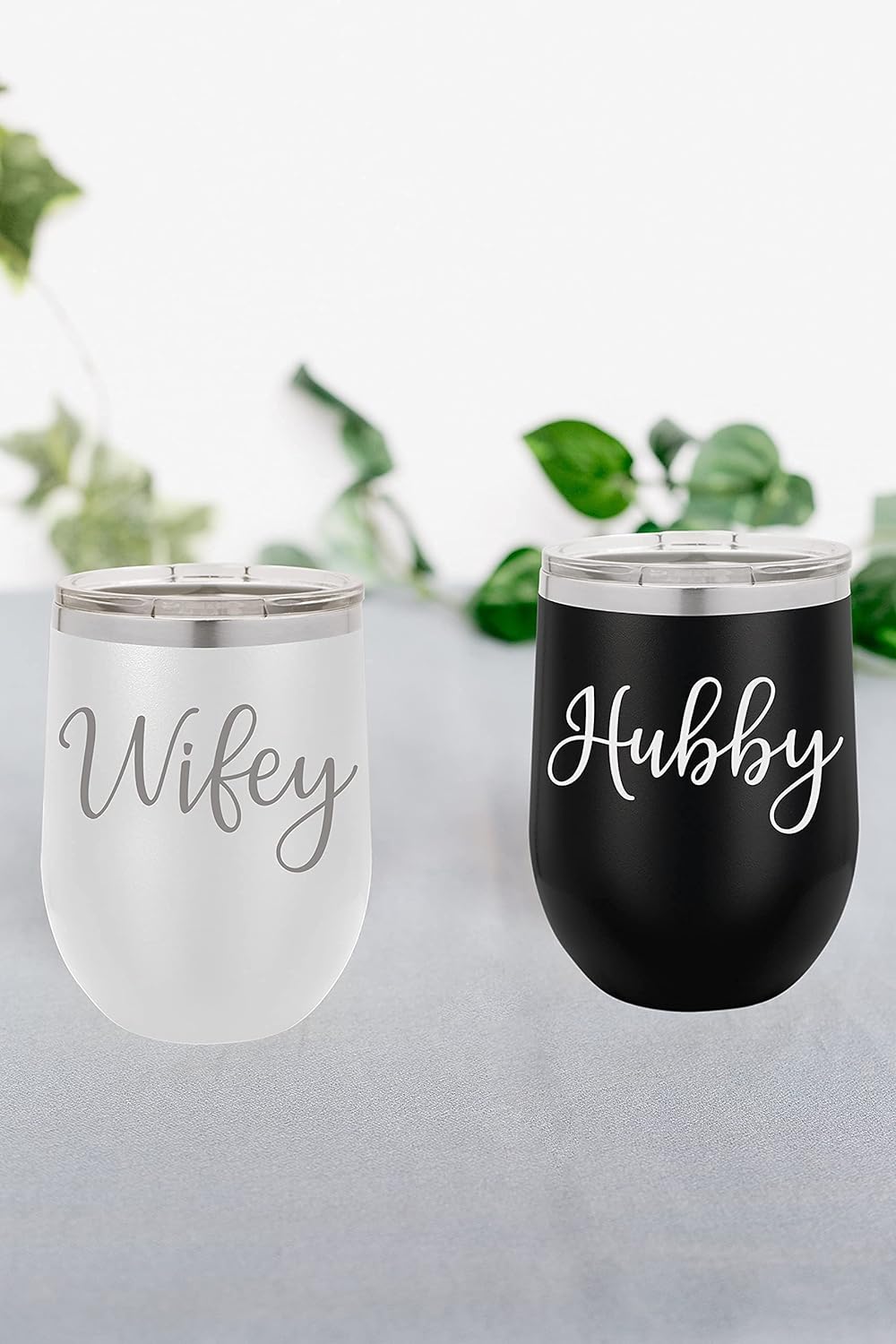 Wifey & Hubby 12 oz. Insulated Wine Glasses Set – Modern Engraved Wedding Gift Drinking Tumblers Couples Gifts Black/White, Wine Glass Set and Wedding Essentials
