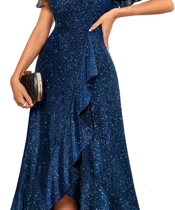 BeryLove Women Sequin Formal Party Dress Flutter Short Sleeve Wedding Cocktail Long Evening Dress