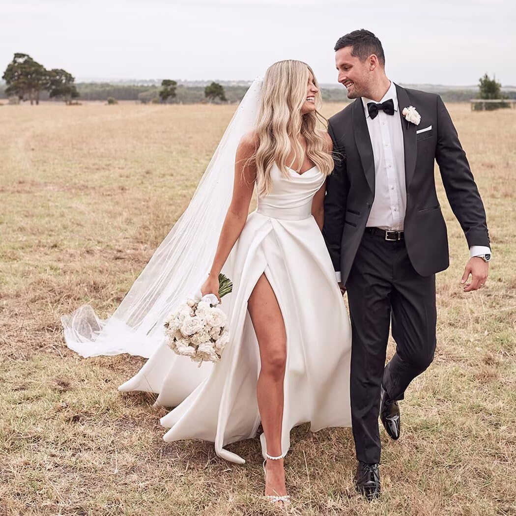 homdor Strapless Prom Dresses Long Ball Gown Satin Wedding Dress for Bride A Line Formal Evening Party Gowns with Slit