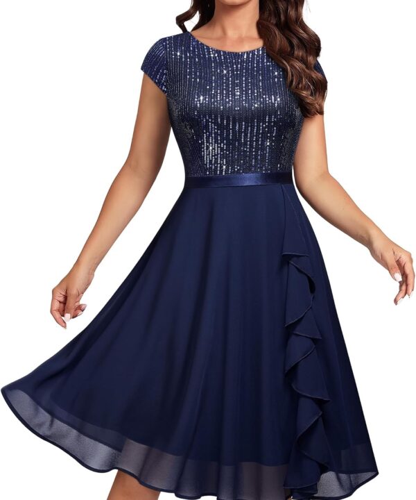 MISSMAY Women's Elegant Glitter Sequin Ruffle Style Cocktail Prom Dress