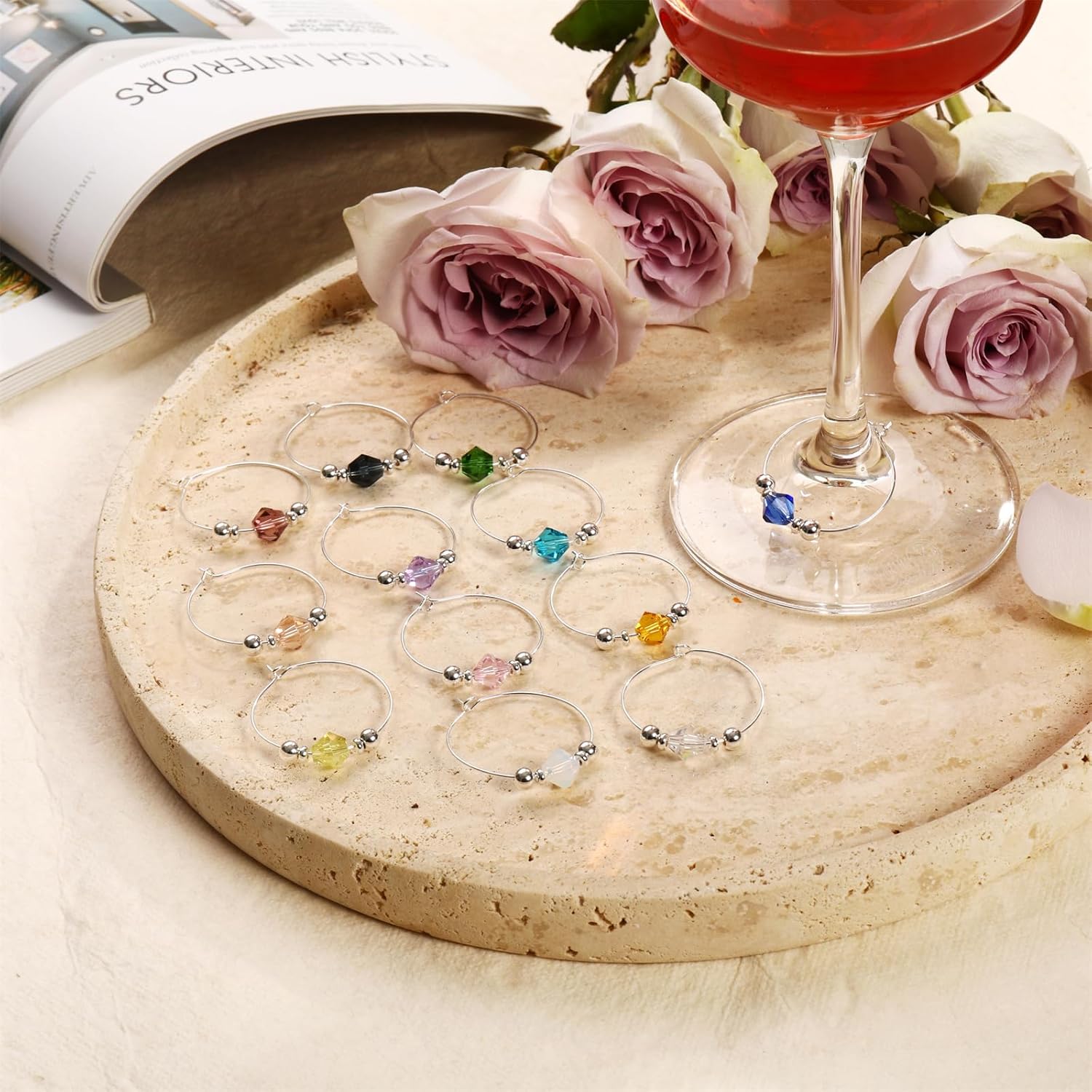 Pride & Par 12Pcs Gold/Silver Plating Ring with Gem Charms for Glasses – Wine Glass Markers for Weddings & Parties