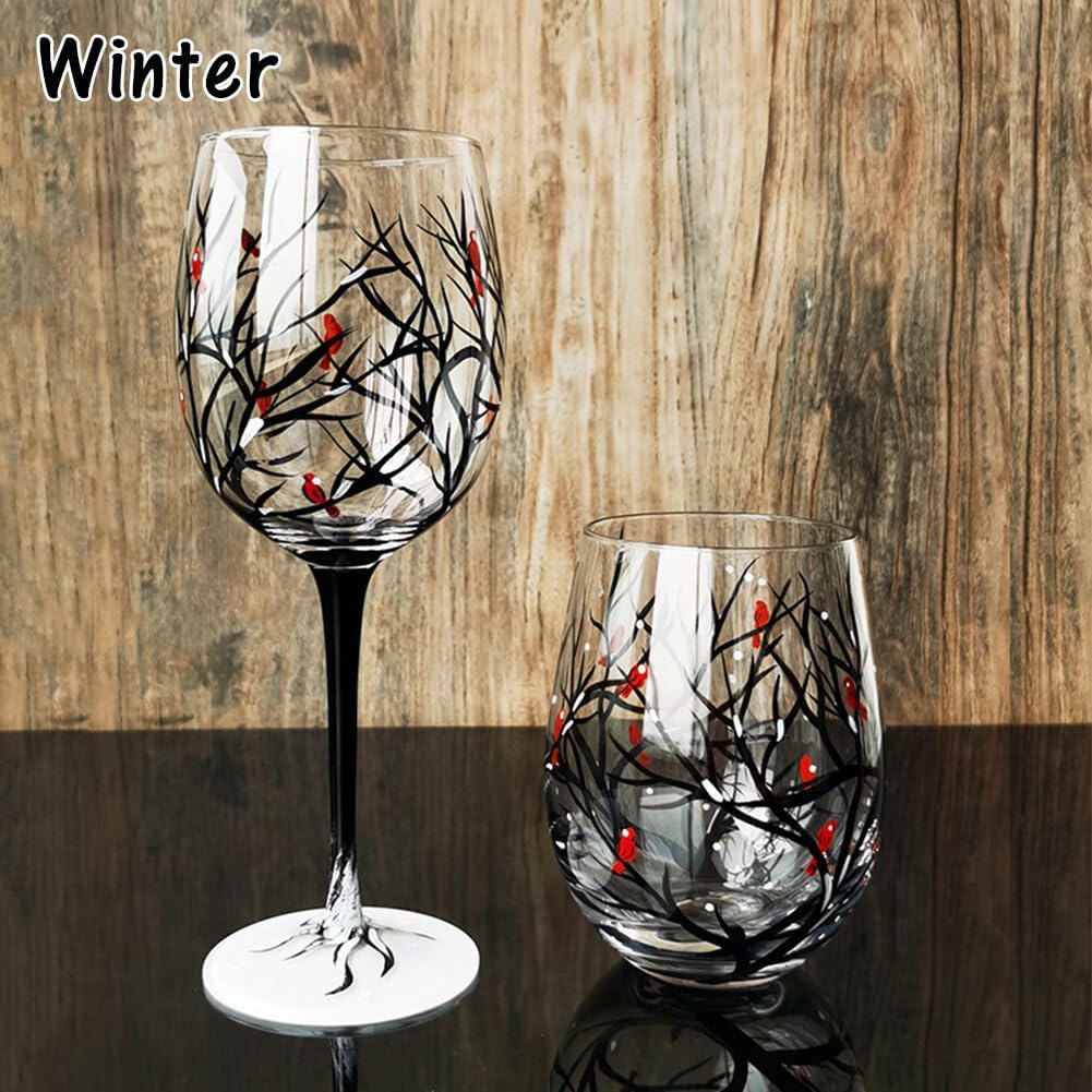 Grehge and Painted Wine Glass Four Seasons Tree Wine Glasses Fall Leaves Flower Seasons Colored Wine Glasses for Wine Cocktails Novelty Gift for Birthdays Weddings(Stemless glass)
