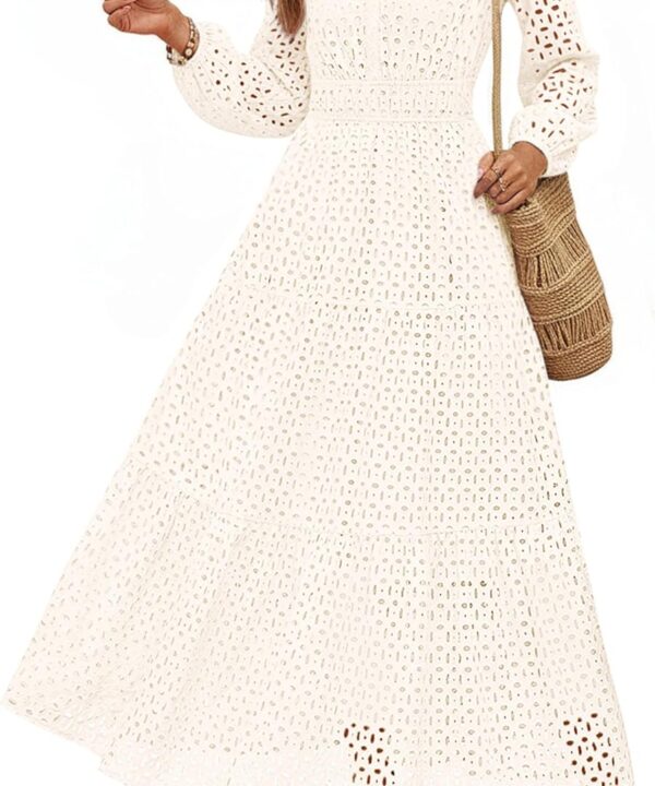 PRETTYGARDEN Women's Long Sleeve Maxi Dress V Neck Hollow Out Eyelet A Line Long Flowy 2025 Fall Wedding Guest Dresses