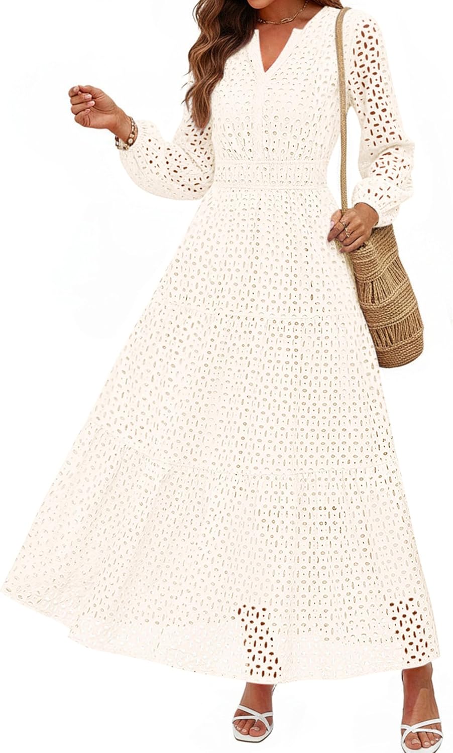 PRETTYGARDEN Women's Long Sleeve Maxi Dress V Neck Hollow Out Eyelet A Line Long Flowy 2025 Fall Wedding Guest Dresses