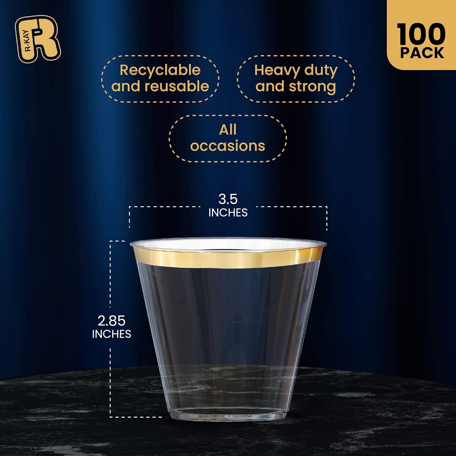 R-kay 100 Pack Gold Plastic Cups For Party – Plastic Cups 9 oz – Party Cups Disposable – Premium Heavy Duty Gold Cups – Disposable Wine Glasses For Wedding – Plastic Wine Glasses/Disposable Cups