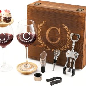 GZLDGIFTS Personalized Initial Wine Glasses Box Gift Set For Women Mom Engraved Birthday Monogrammed Wooden Christmas Gifts Wedding Anniversary Wine Couples Stopper Opener Initial Letterr (C Set)