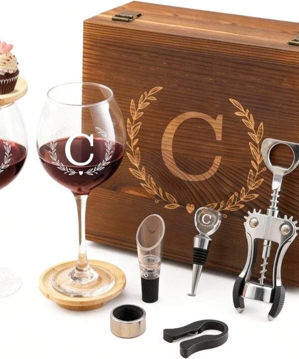 GZLDGIFTS Personalized Initial Wine Glasses Box Gift Set For Women Mom Engraved Birthday Monogrammed Wooden Christmas Gifts Wedding Anniversary Wine Couples Stopper Opener Initial Letterr (C Set)