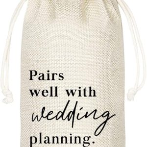 Socive Wedding Gift Wine Bags, Mr and Mrs Wedding Gift, Engagement Wine Bag, Engagement Gift, Linen Drawstring Wine Bag - Pairs Well With Planning a Wedding(5SW102)