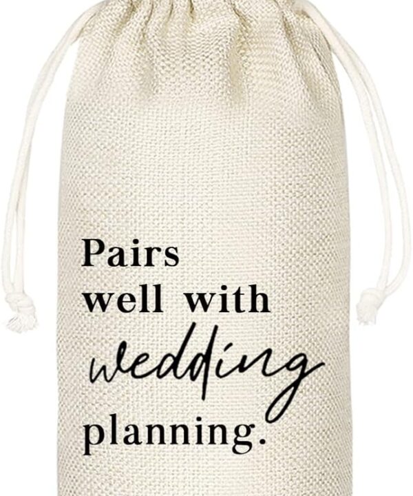 Socive Wedding Gift Wine Bags, Mr and Mrs Wedding Gift, Engagement Wine Bag, Engagement Gift, Linen Drawstring Wine Bag - Pairs Well With Planning a Wedding(5SW102)