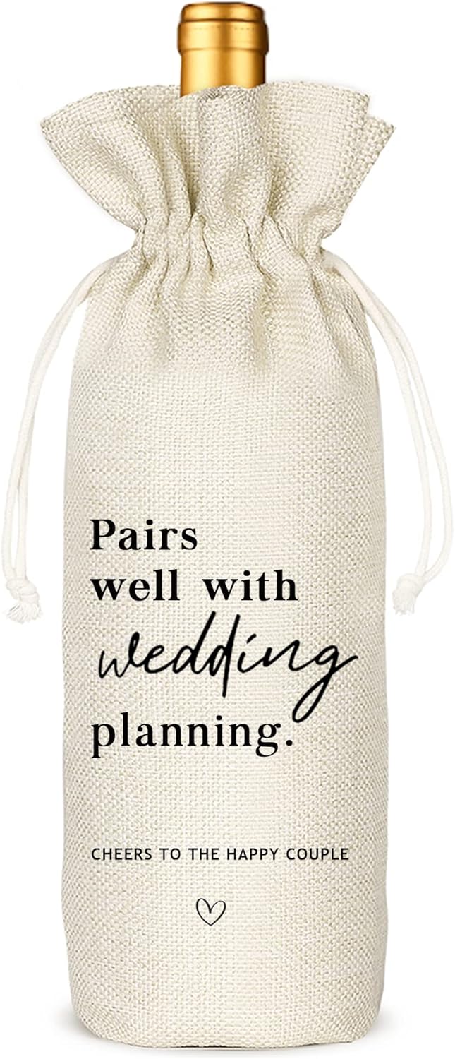 Socive Wedding Gift Wine Bags, Mr and Mrs Wedding Gift, Engagement Wine Bag, Engagement Gift, Linen Drawstring Wine Bag - Pairs Well With Planning a Wedding(5SW102)