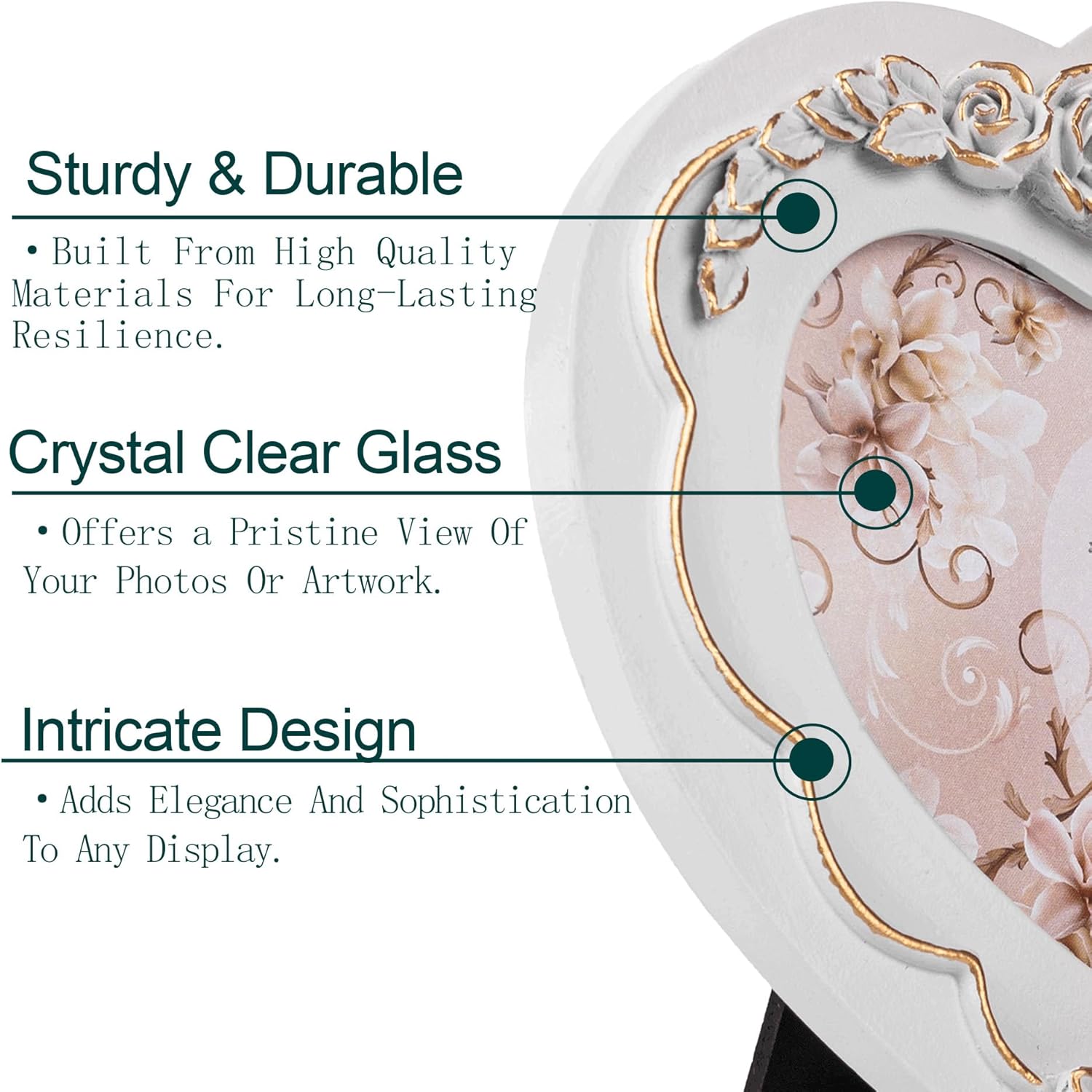 Concepts 4×4 White And Gold Resin Heart Shaped Picture Frame With HD Clear Glass, Extra Durable Photo Frames – Tabletop Display (White, 1 Pack)