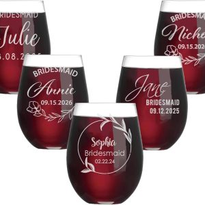 Personalized Wine Glasses Set, Custom 15oz Stemless Wine Glasses - Monogrammed Bridesmaids Wedding Glasses, Engraved Bride, Bridesmaid Gifts for Wedding Party (Wine-Stemless, 5 Pack)