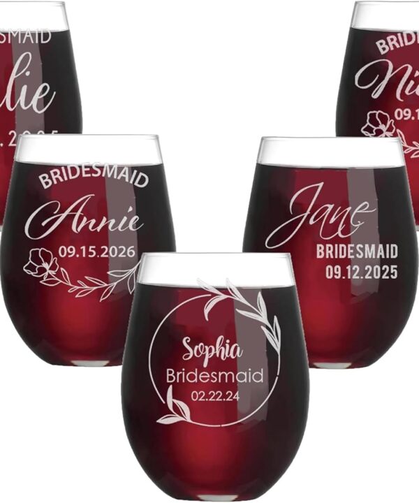 Personalized Wine Glasses Set, Custom 15oz Stemless Wine Glasses - Monogrammed Bridesmaids Wedding Glasses, Engraved Bride, Bridesmaid Gifts for Wedding Party (Wine-Stemless, 5 Pack)