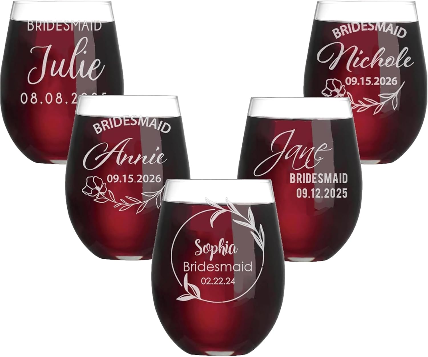 Personalized Wine Glasses Set, Custom 15oz Stemless Wine Glasses - Monogrammed Bridesmaids Wedding Glasses, Engraved Bride, Bridesmaid Gifts for Wedding Party (Wine-Stemless, 5 Pack)