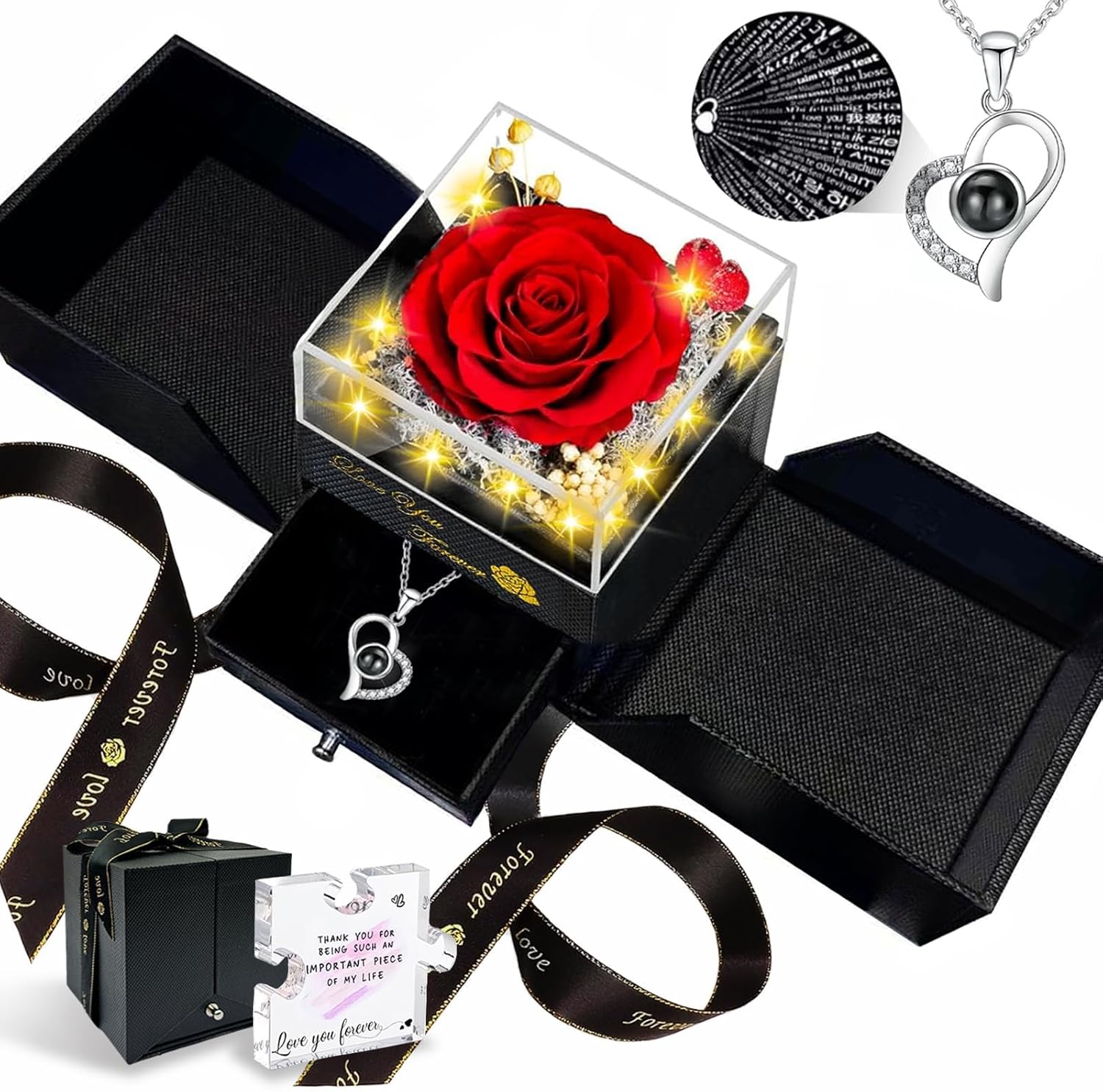 Preserved Real Rose-Eternal Flowers Rose Mothers Day for Mom Women Her Wife Girlfriend on Birthday Valentines with I Love You Necklace 100 Languages Romantic Gift