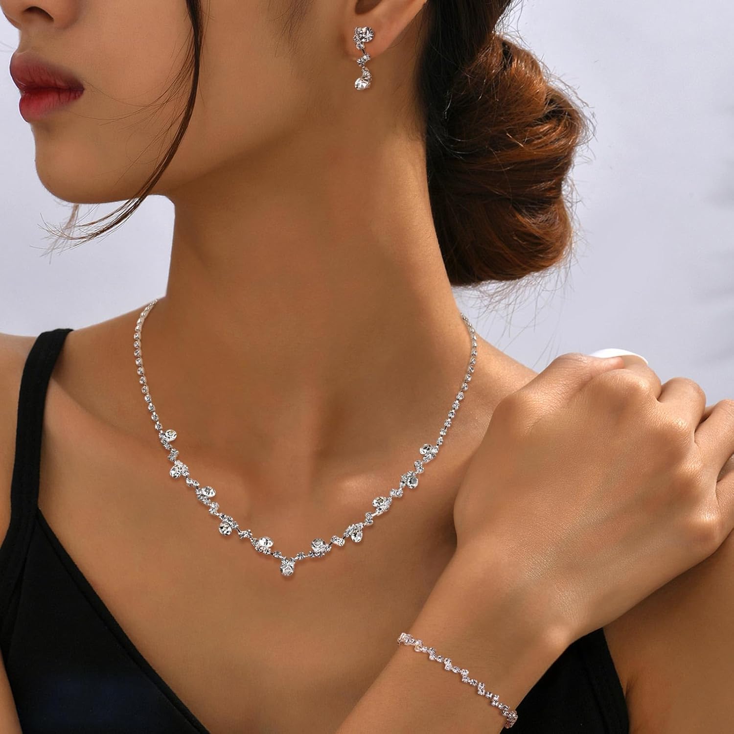 Jstyle Silver Bridal Wedding Jewelry Set Crystal Necklace Bracelet Dangle Earrings Set for Bride Bridesmaid Rhinestone Necklace Prom Costume Jewelry Set Accessories for Women