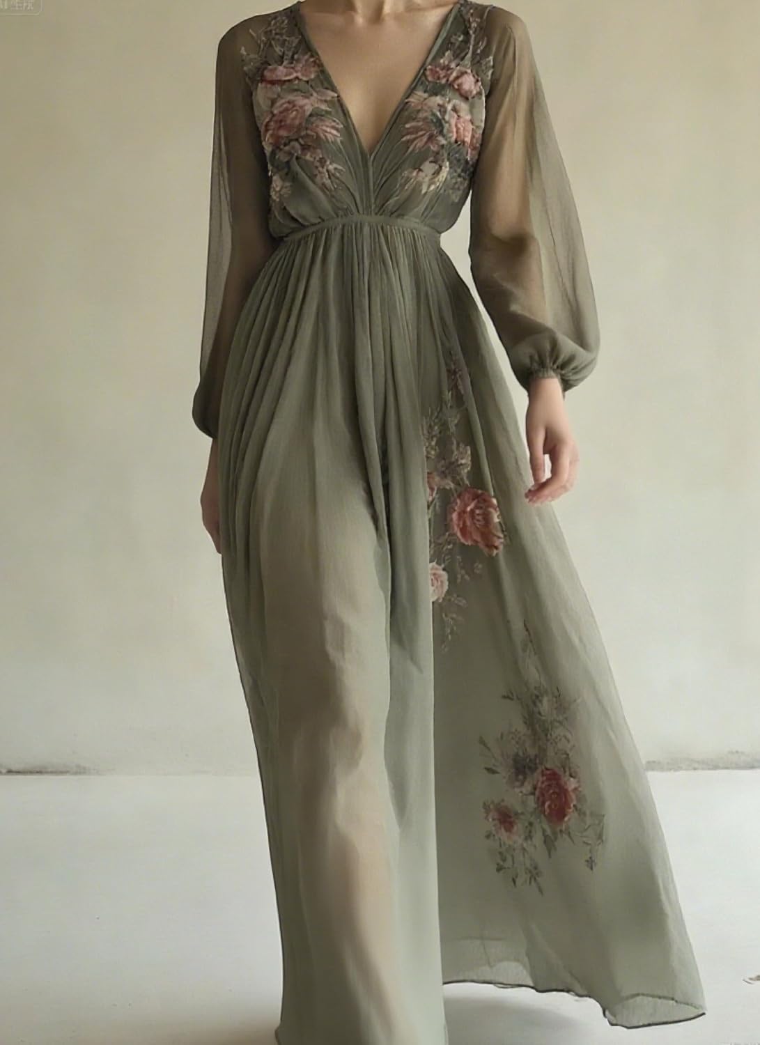 Womens Green Tulle Floral Beach Cover Up Sundresses with Belt Long Sleeves V Neck Summer Ruffle Tiered Dresses