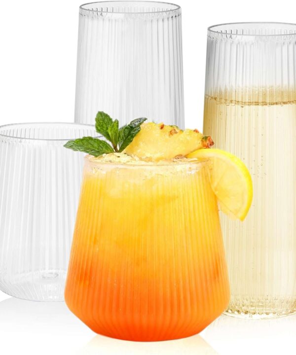 48 Pack Plastic Glasses  24 x 9oz Stemless Champagne Flutes & 24 x 12oz Stemless Wine Glasses  Elegant Disposable Shatterproof Cup  BPA-Free Drinkware for Weddings, Parties (Clear Ribbed)