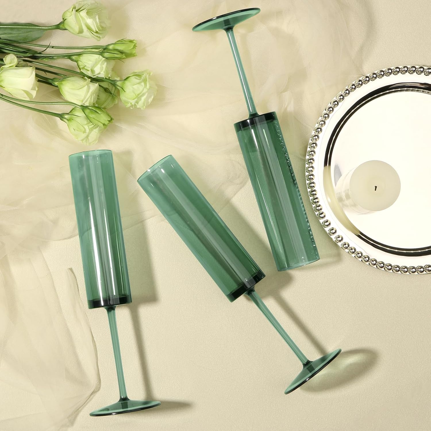 12 Pack Acrylic Dark Green Wine Glasses Green champagne glasses Champagne Flutes Sparkling Wine Glasses Wine Goblets Wedding Glassware Set Drinkware Glasses for Wedding Bar Celebration Baby Shower