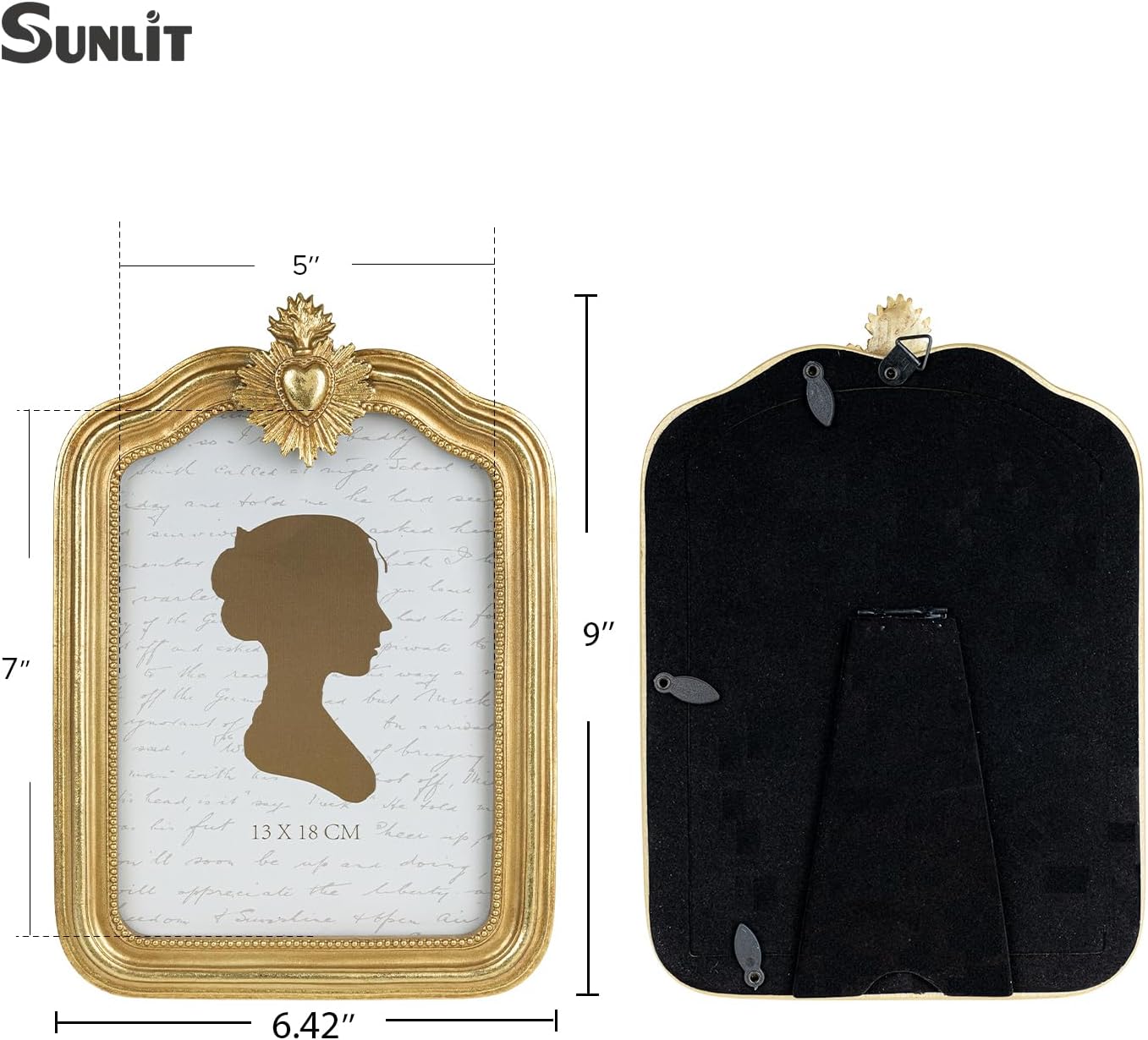 Sunlit Vintage Picture Frame 5×7 Inch, Antique Photo Frames with Glass Front, Small Heart Luxury Photo Display, Tabletop Wall Hanging, Gift Ideas, Gold