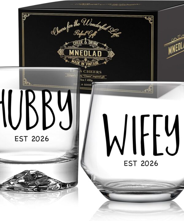 Hubby and Wifey Glasses Gift Set for Couples - Engraved Wine and Whiskey Tumblers, Anniversary Wedding Present, Valentine's Day Gift 2026 (2-Piece Set) -256