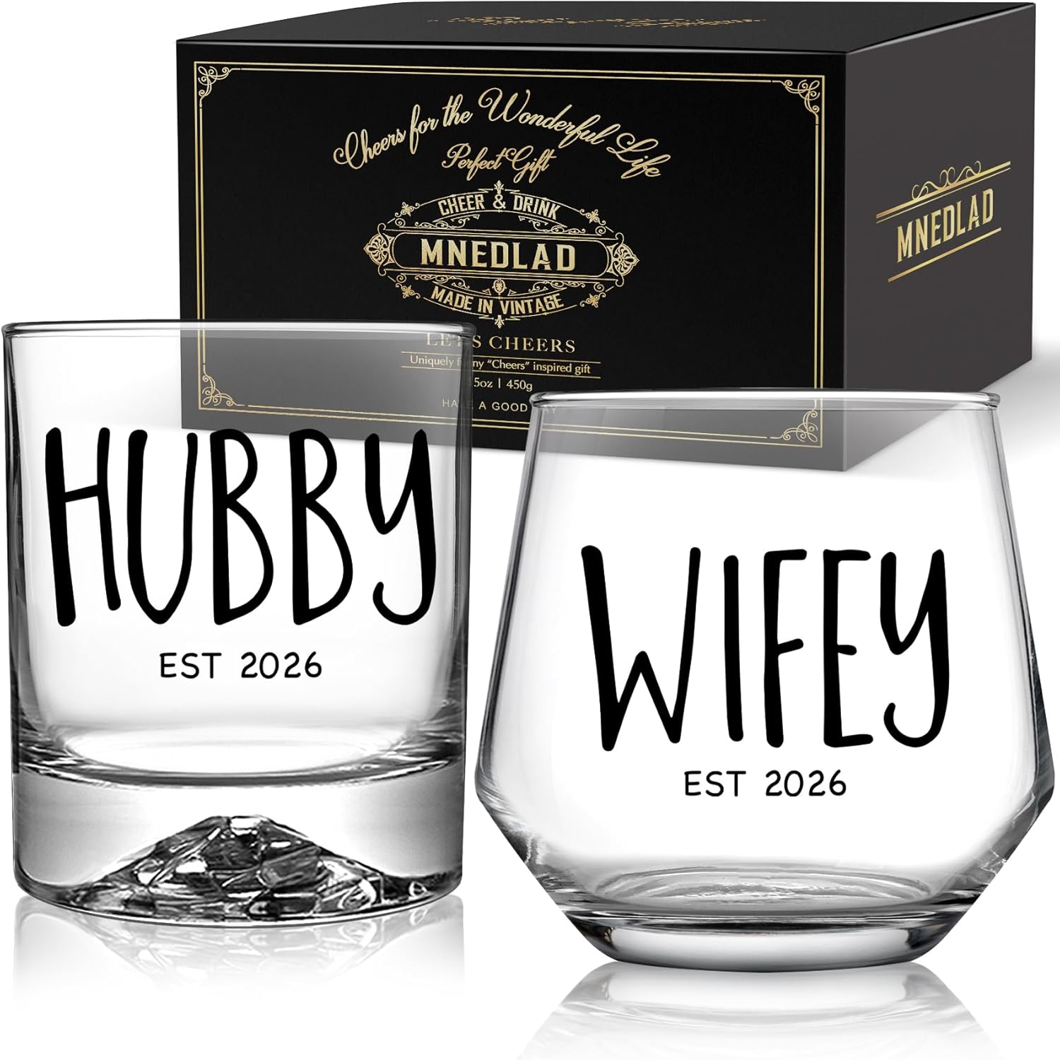 Hubby and Wifey Glasses Gift Set for Couples - Engraved Wine and Whiskey Tumblers, Anniversary Wedding Present, Valentine's Day Gift 2026 (2-Piece Set) -256