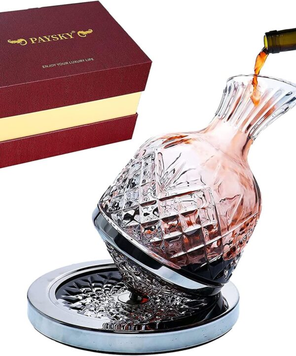 spinning wine decanter, 45 oz crystal rotating wine decanter with gift box, for wedding gift, birthday, banquet, supper