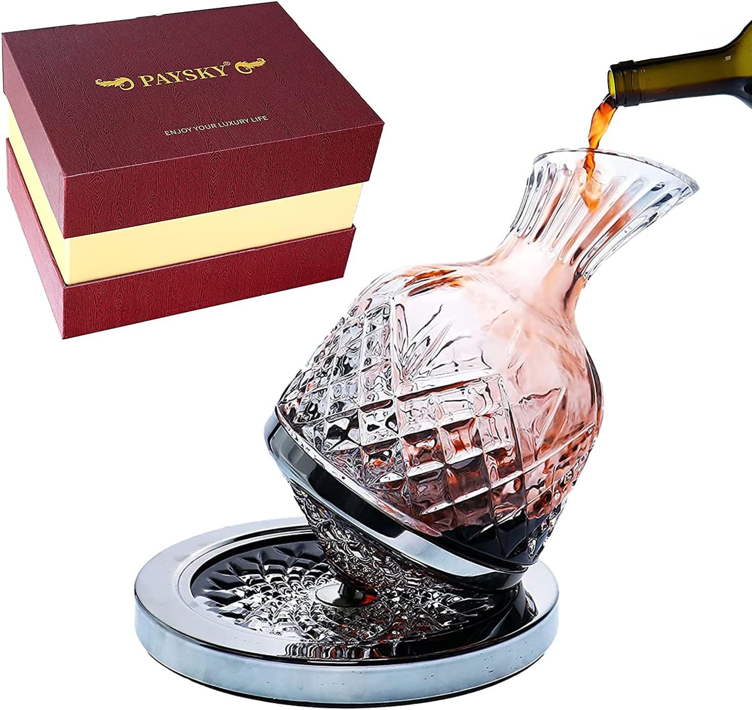 spinning wine decanter, 45 oz crystal rotating wine decanter with gift box, for wedding gift, birthday, banquet, supper