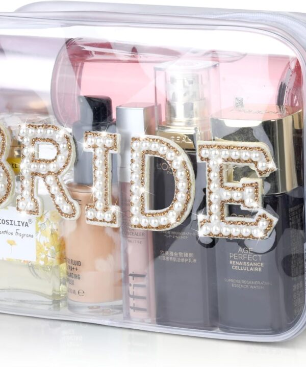 Etercycle Bride Clear Makeup Bag, Bridal Shower Gifts Engagement Cosmetic Bag, Bling Pearl Rhinestone Letter Patches Waterproof PVC Travel Organizer for Women Wedding Bachelorette Party (Gold)