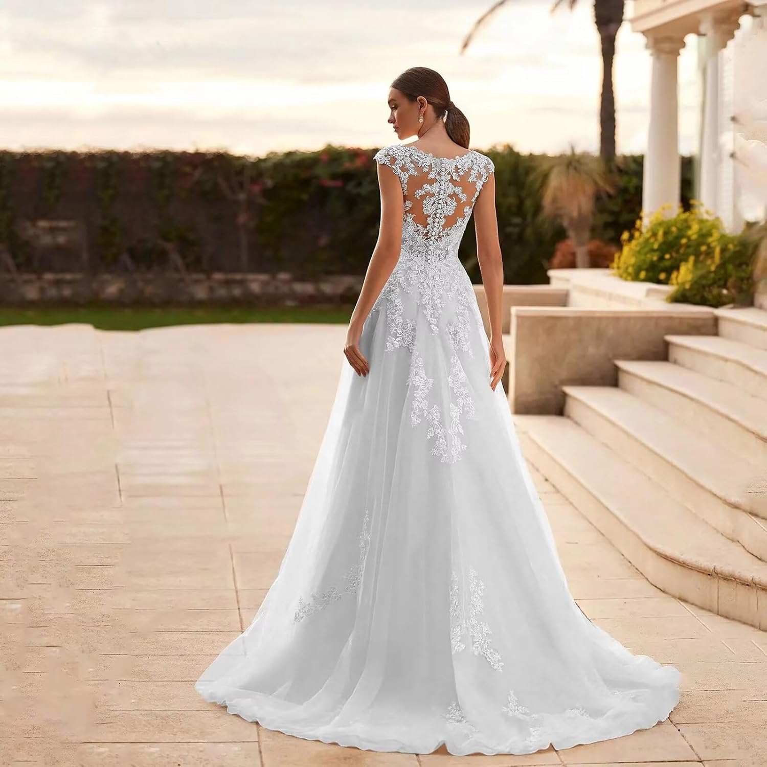 V Neck Wedding Dresses for Bride 2025 Plus Size Tulle A-Line Lace Applique Long Bridal Gowns with Train