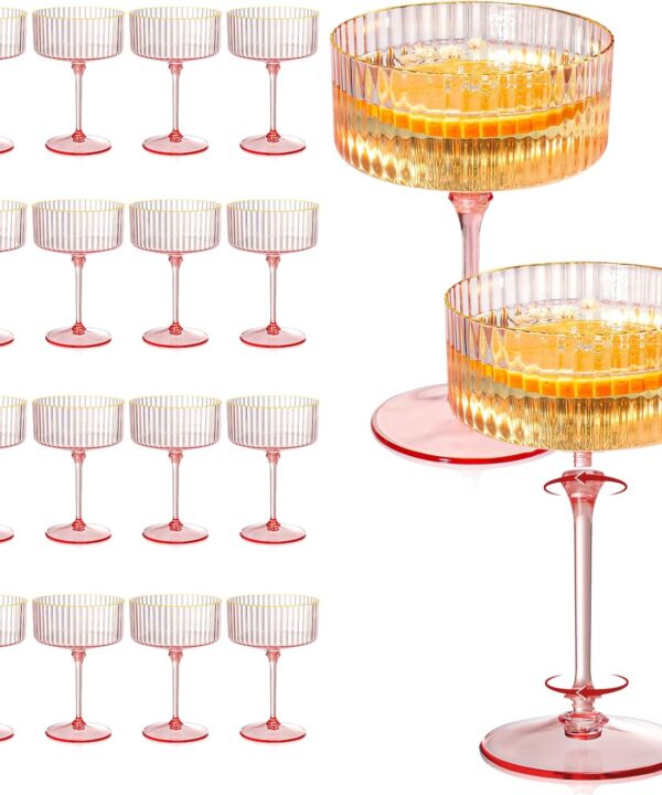24 Pcs Detachable Martini Glasses 10oz Plasitc Pink Ribbed Coupe Glasses Gold Rim With Pink Stem Vintage Cocktail Glassware Set Unique Martini Glass For Champagne Wine Wedding Anniversary Bar