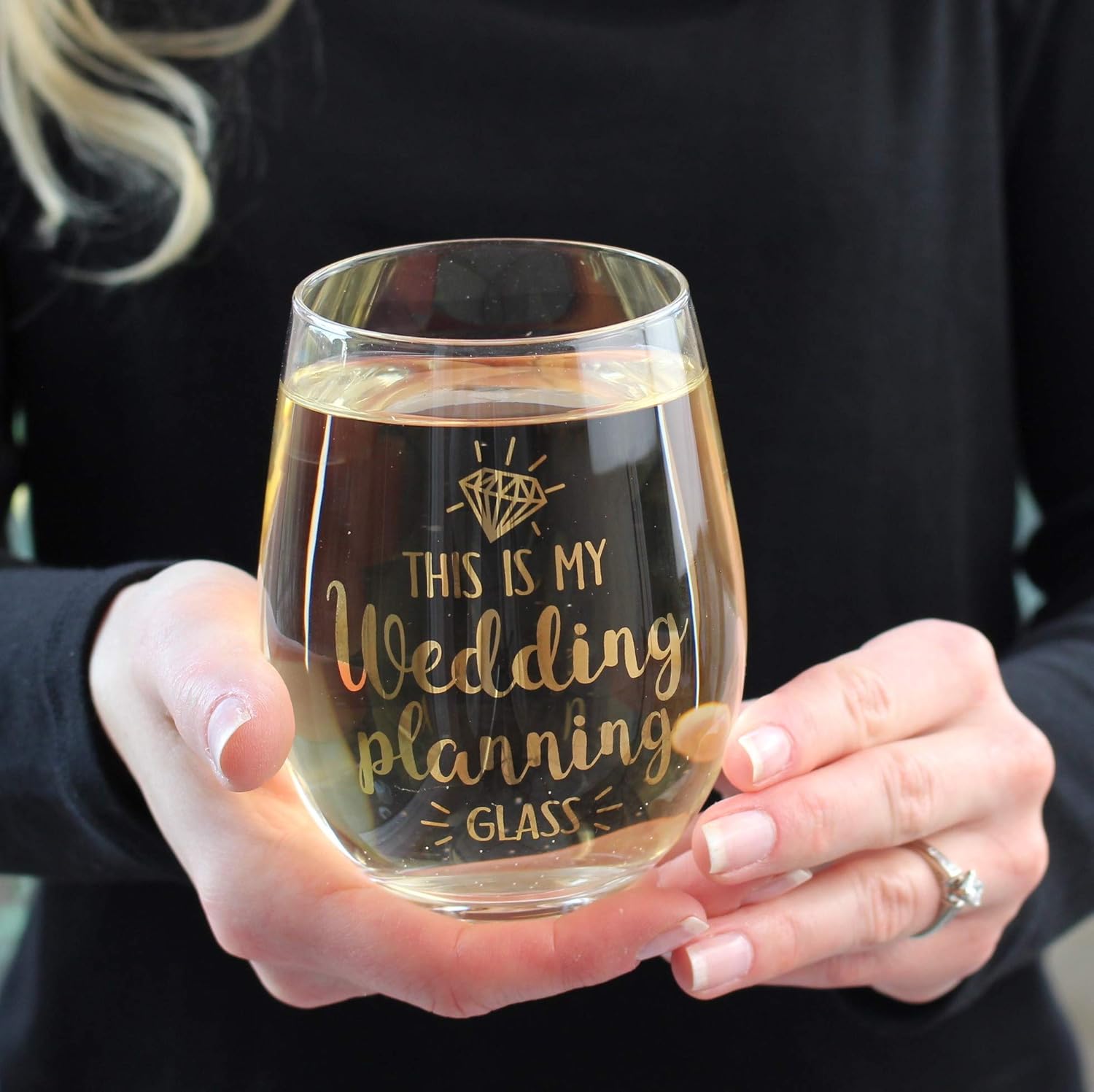 Lillian Rose Wedding Planning Stemless Wine Glass, Height 4.75″, Gold