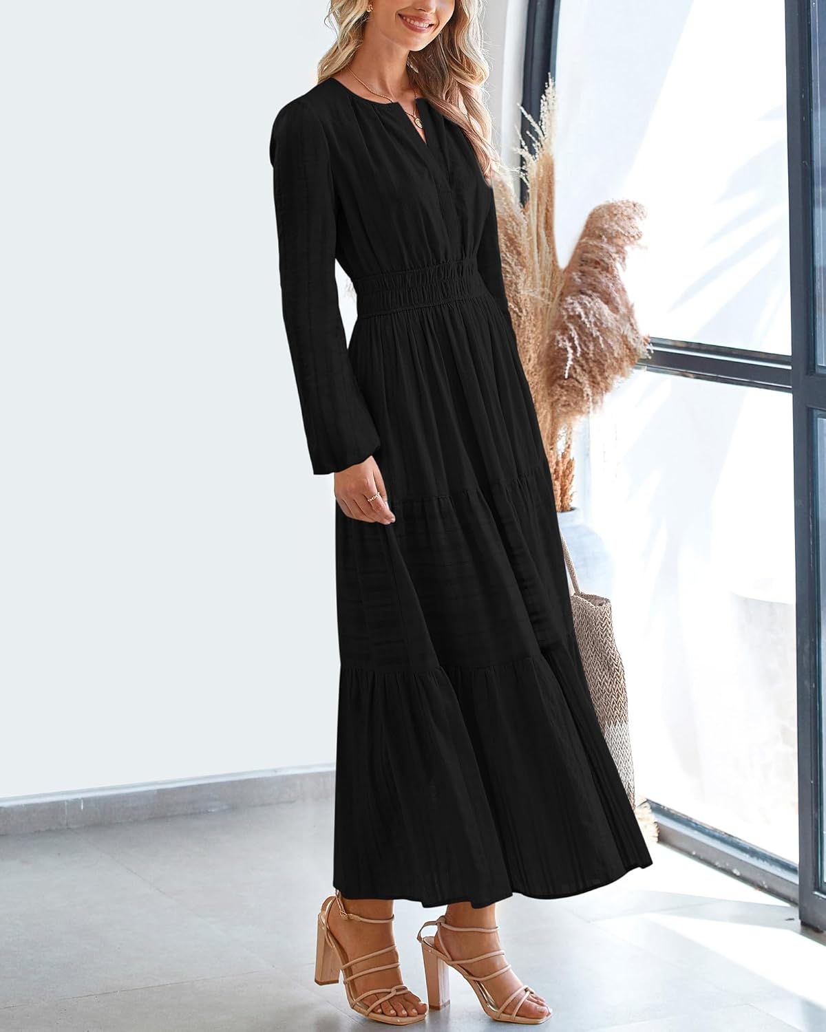 BTFBM Fall Dresses for Women 2025 Casual Long Sleeve V Neck Elastic Waist Lightweight Maxi Wedding Guest Dress Pockets