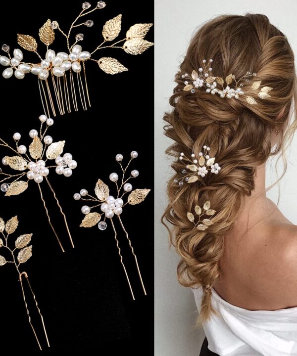 4 Pieces Bridal Wedding Hair Pins Gold Leaf Crystal Pearl Hair Pins Clips Flower Headpiece Vintage Wedding Hair Accessories for Brides Bridesmaids Women Girls