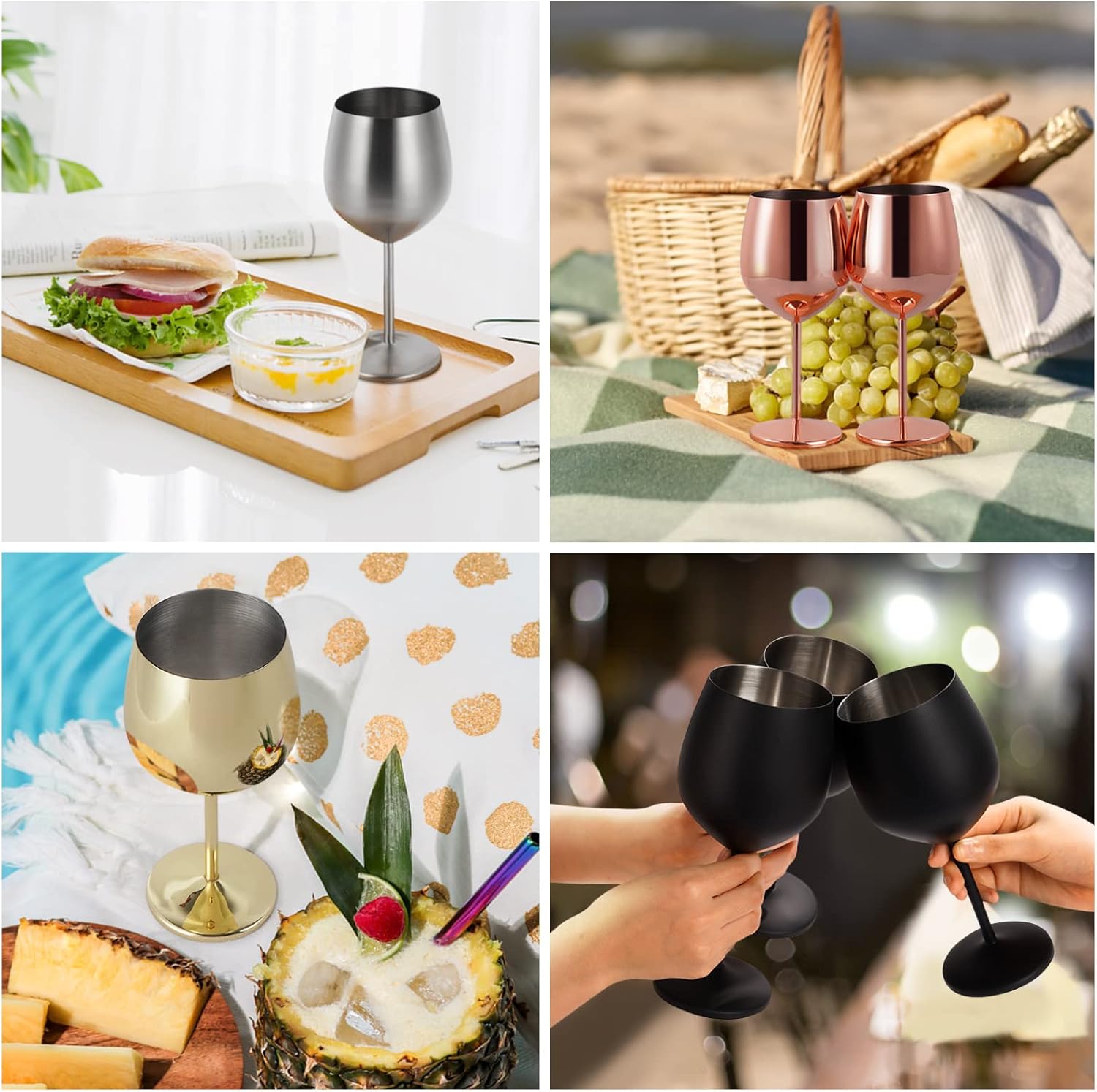 Lifecapido Stainless Steel Wine Glasses Set of 2, 18oz Stainless Steel Wine Goblets, Stemmed Metal Wine Glasses with Cup Brush for Party Office Wedding Anniversary, Great for Red White Wine (Gold)