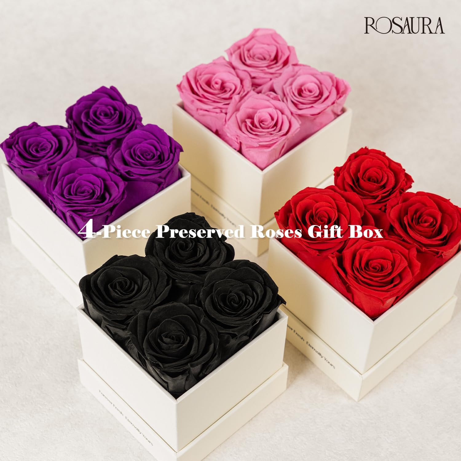 Rosaura 4-Piece Eternal Preserved Roses & Flowers Gift Box – Forever Lasting Real Roses, Preserved Flowers for Valentine’s Day Pink