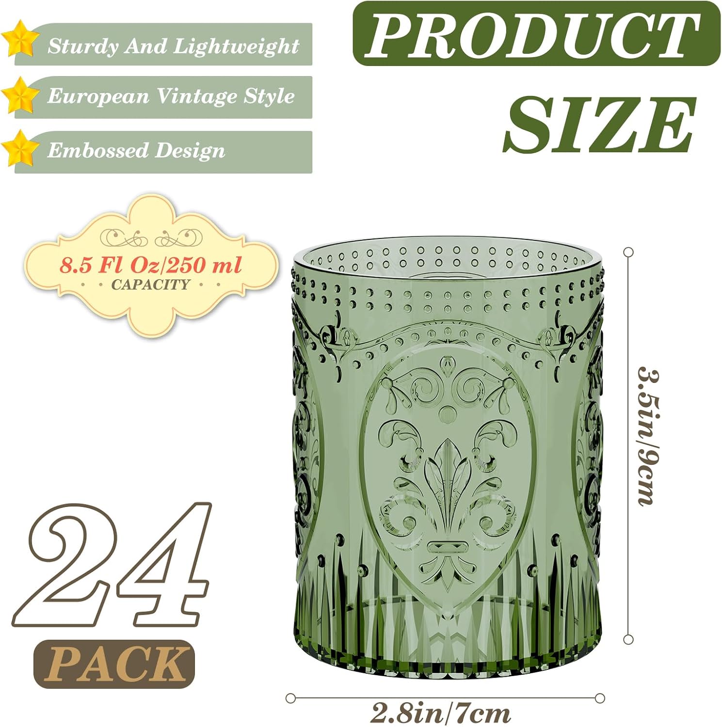 24 Plastic Vintage Drinking Glasses 8.5oz Stemless Retro Embossed Wine Glasses Shatterproof Reusable Cups for Baby Shower Wedding Reception Grand Event Party (Dark Green)