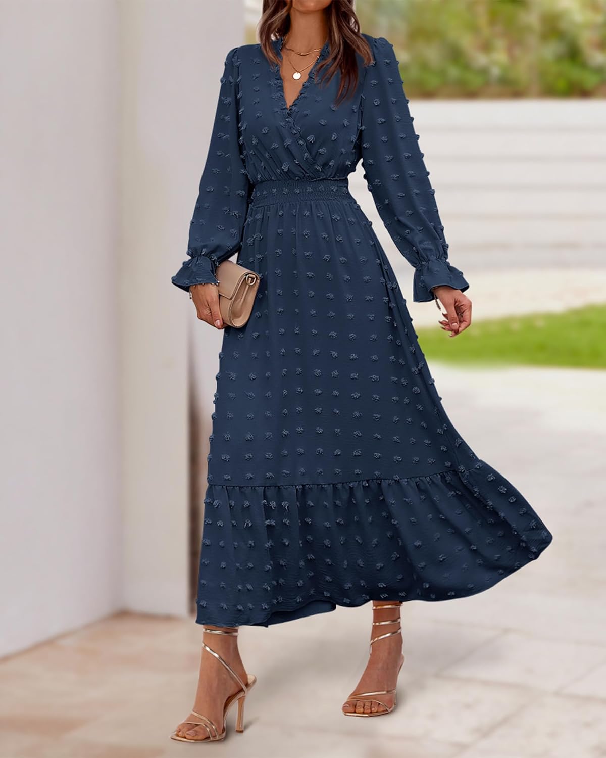 BTFBM Women Fall Maxi Dresses 2025 Long Sleeve V Neck Swiss Dots High Waisted A-Line Ruffle Boho Long Dress Vacation